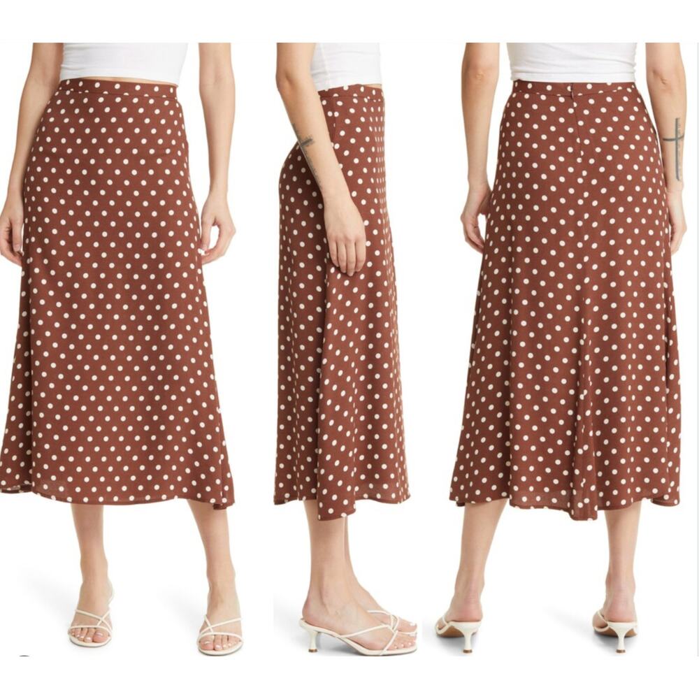 Reformation Skirt 4 Bea A Line Midi Skirt Polka Dot Brown Feminine Cottagecore - Picture 3 of 13